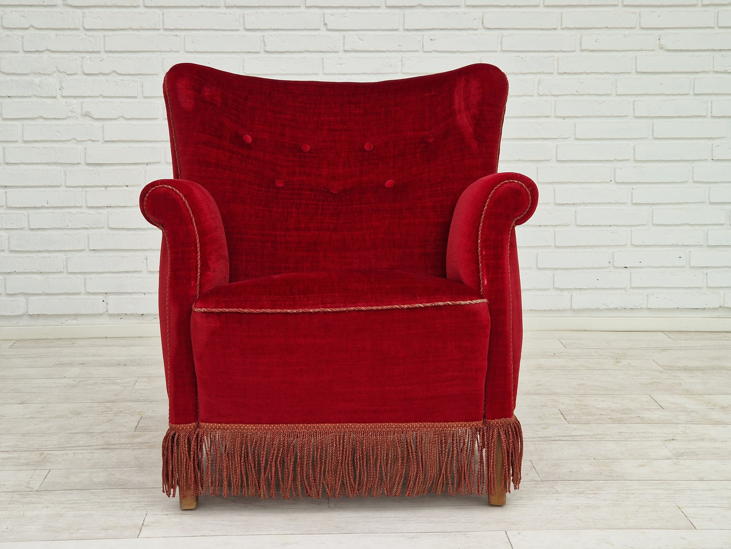 1960s, Danish vintage armchair in cherry-red velvet.