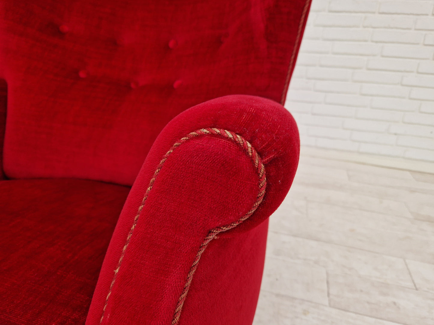 1960s, Danish vintage armchair in cherry-red velvet.