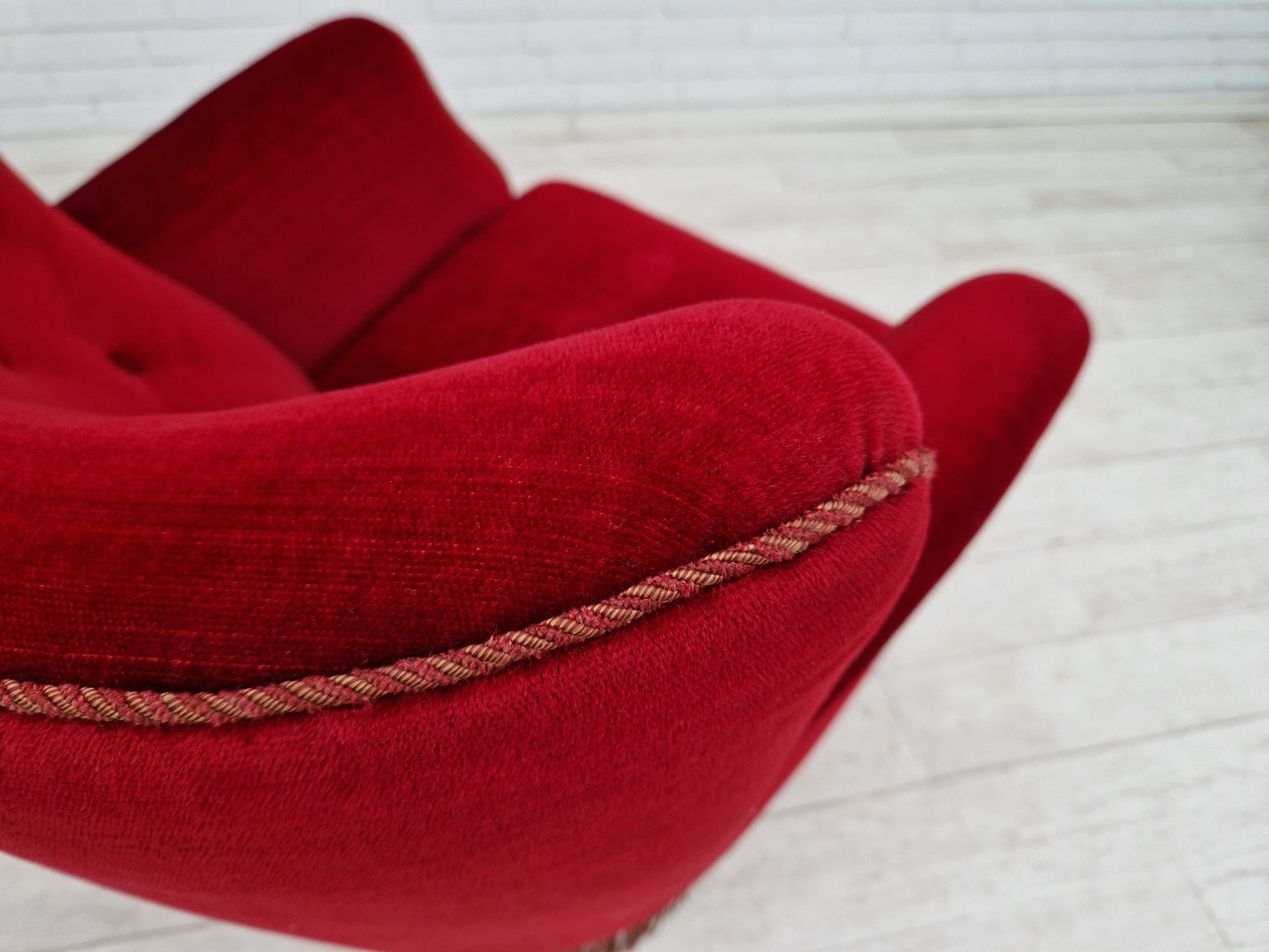 1960s, Danish vintage armchair in cherry-red velvet.