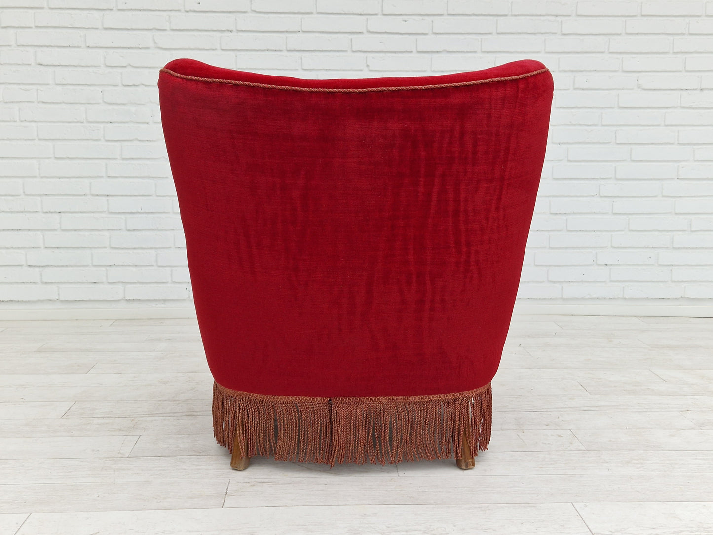 1960s, Danish vintage armchair in cherry-red velvet.