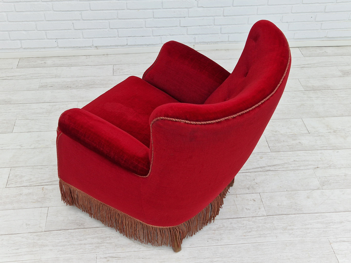 1960s, Danish vintage armchair in cherry-red velvet.