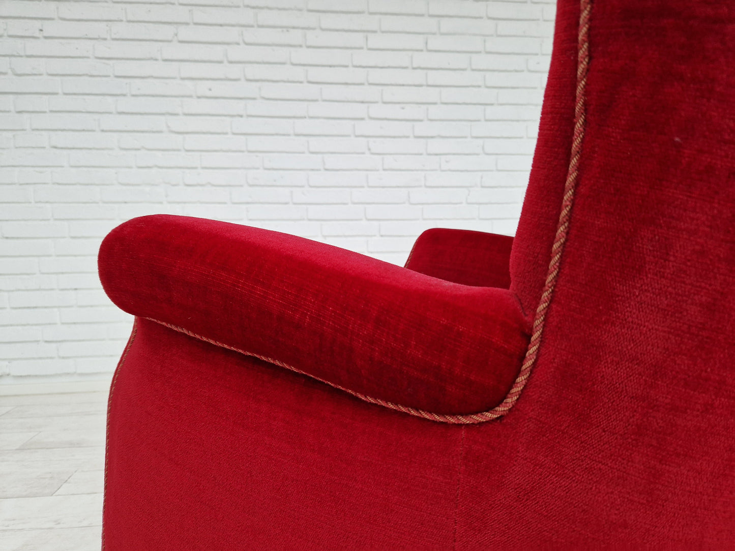 1960s, Danish vintage armchair in cherry-red velvet.