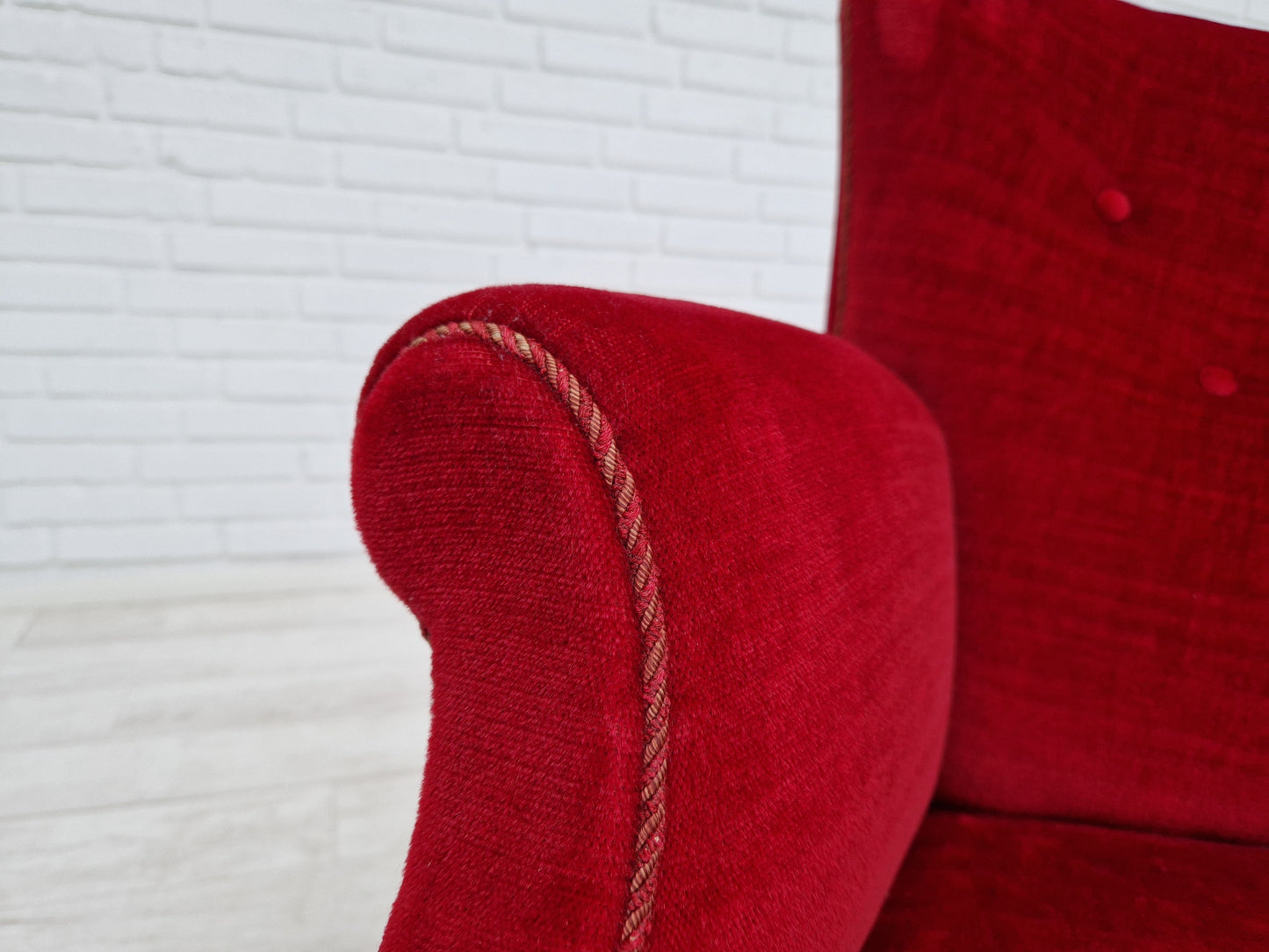 1960s, Danish vintage highback armchair in cherry-red velvet.