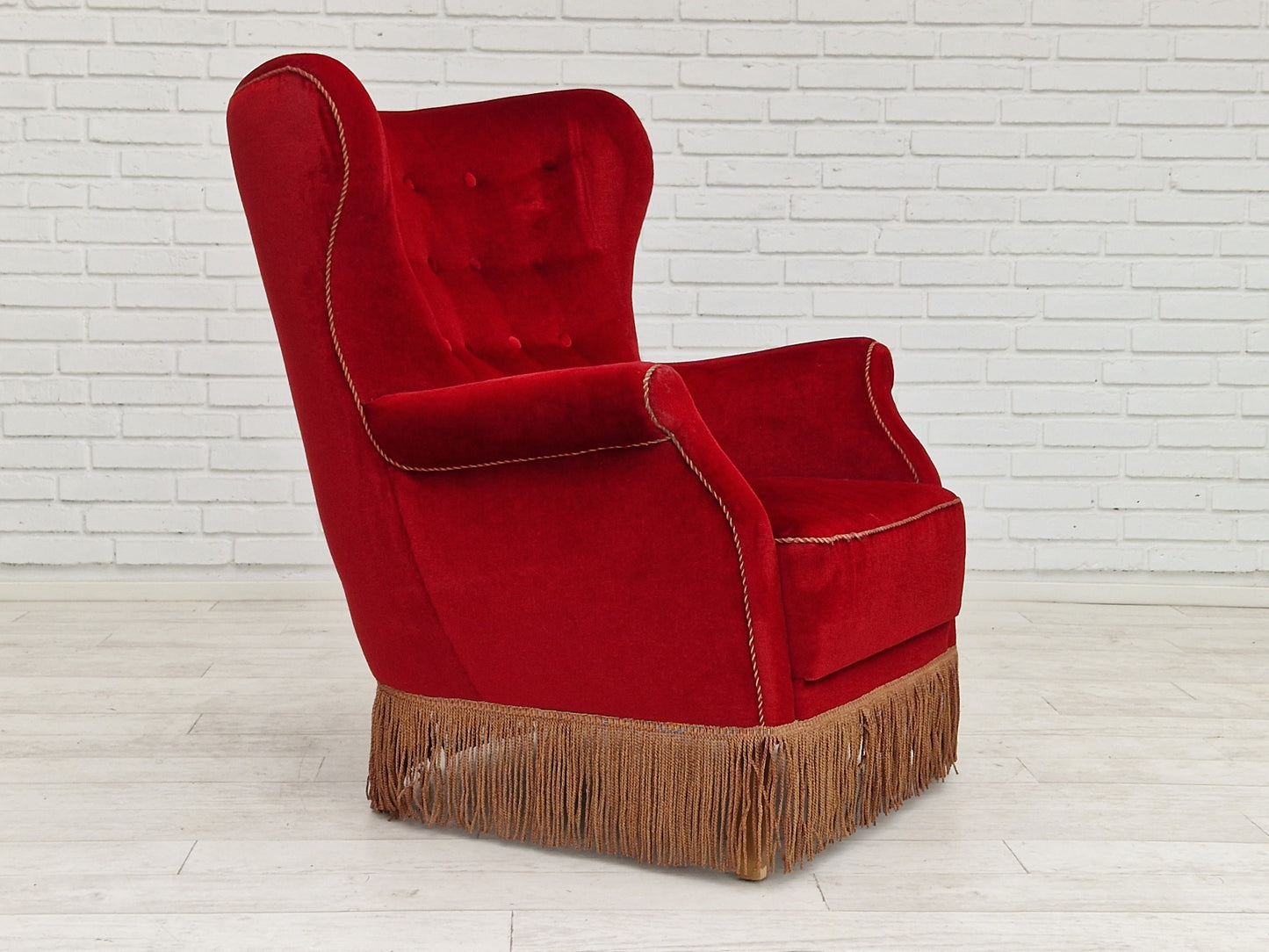 1960s, Danish vintage highback armchair in cherry-red velvet.