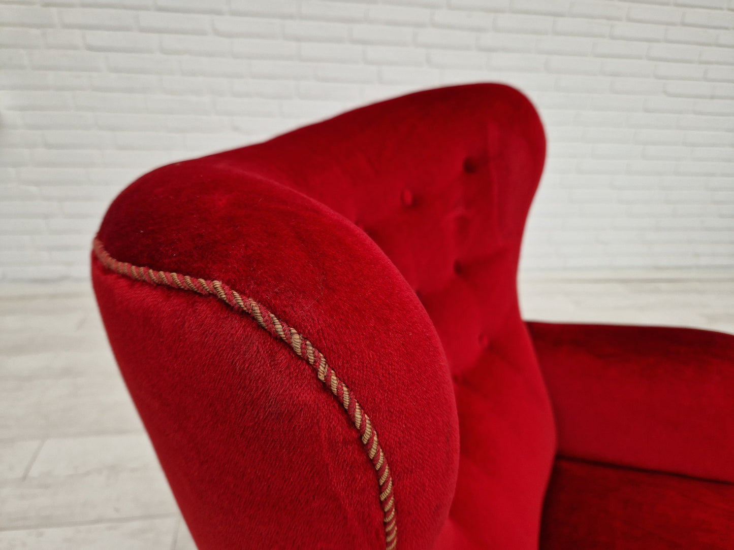 1960s, Danish vintage highback armchair in cherry-red velvet.