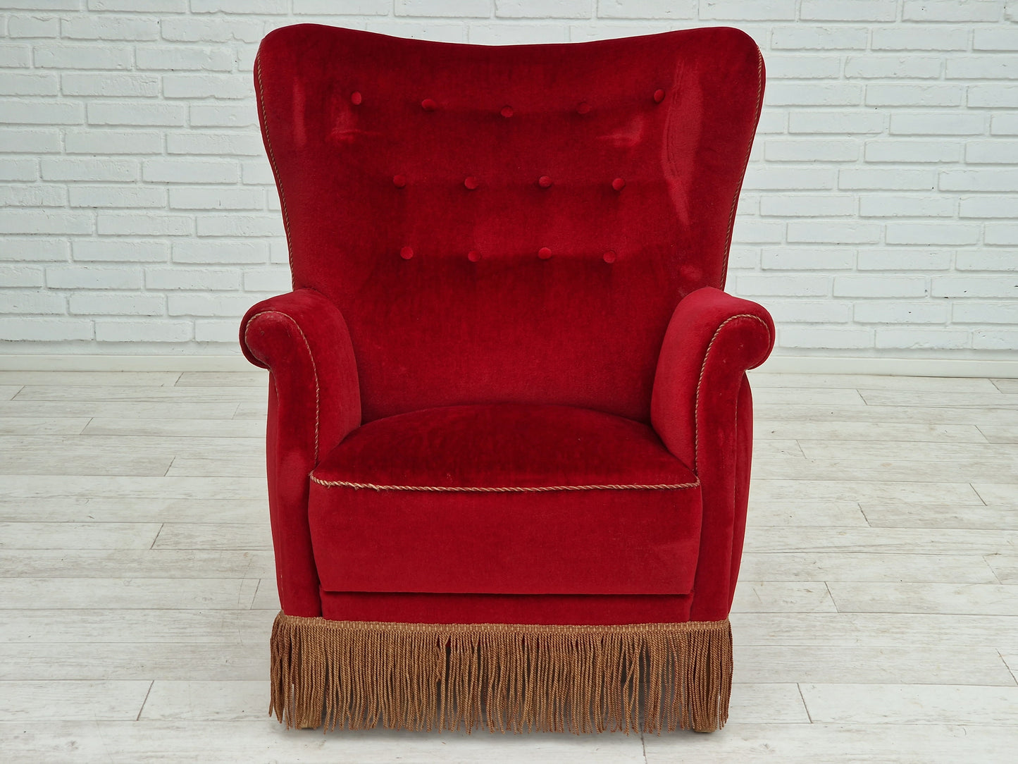 1960s, Danish vintage highback armchair in cherry-red velvet.