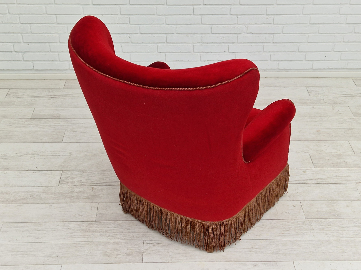 1960s, Danish vintage highback armchair in cherry-red velvet.