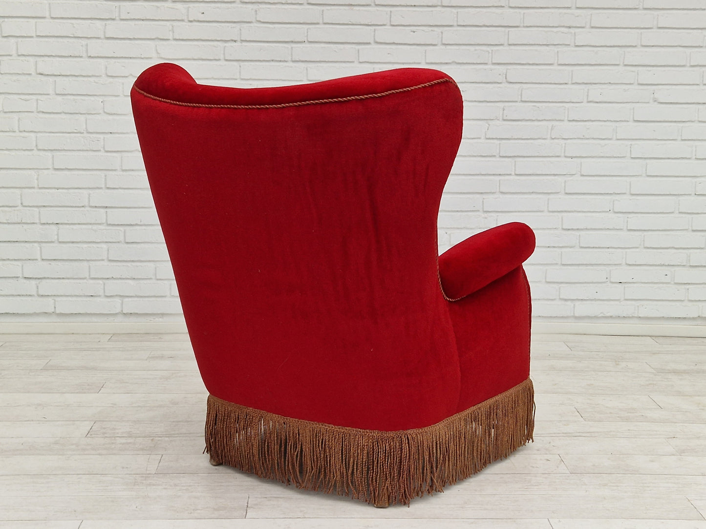 1960s, Danish vintage highback armchair in cherry-red velvet.