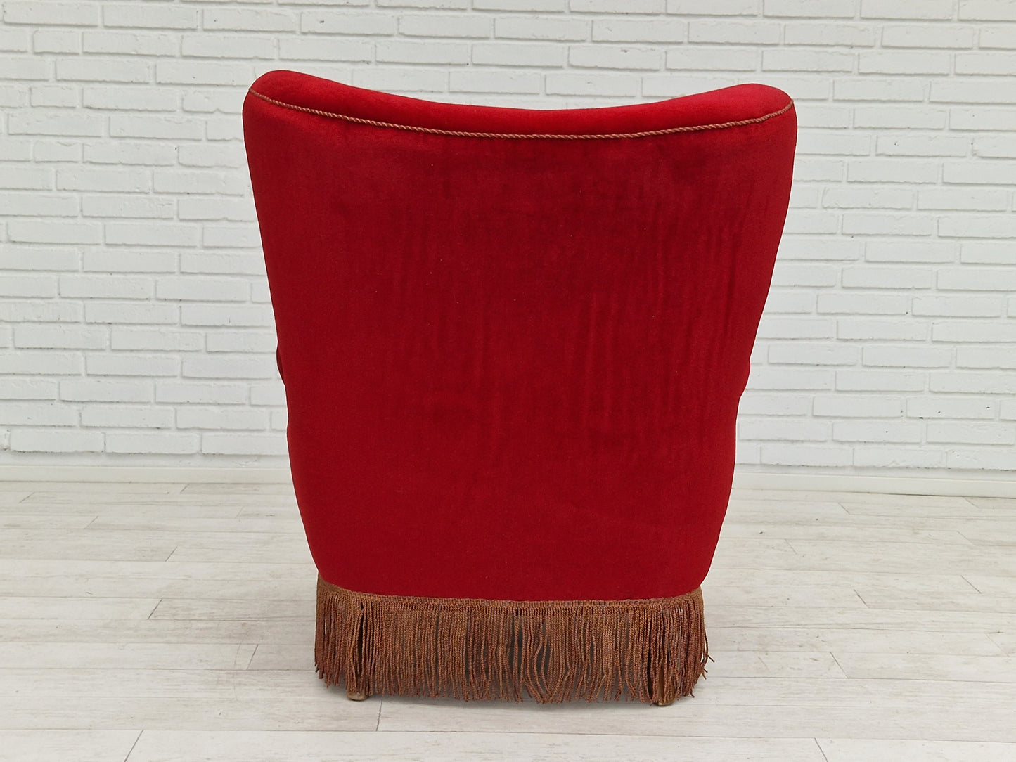 1960s, Danish vintage highback armchair in cherry-red velvet.