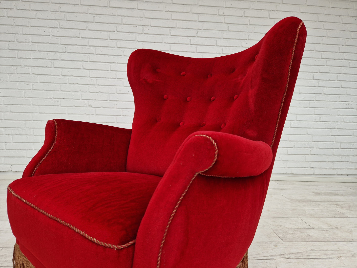 1960s, Danish vintage highback armchair in cherry-red velvet.