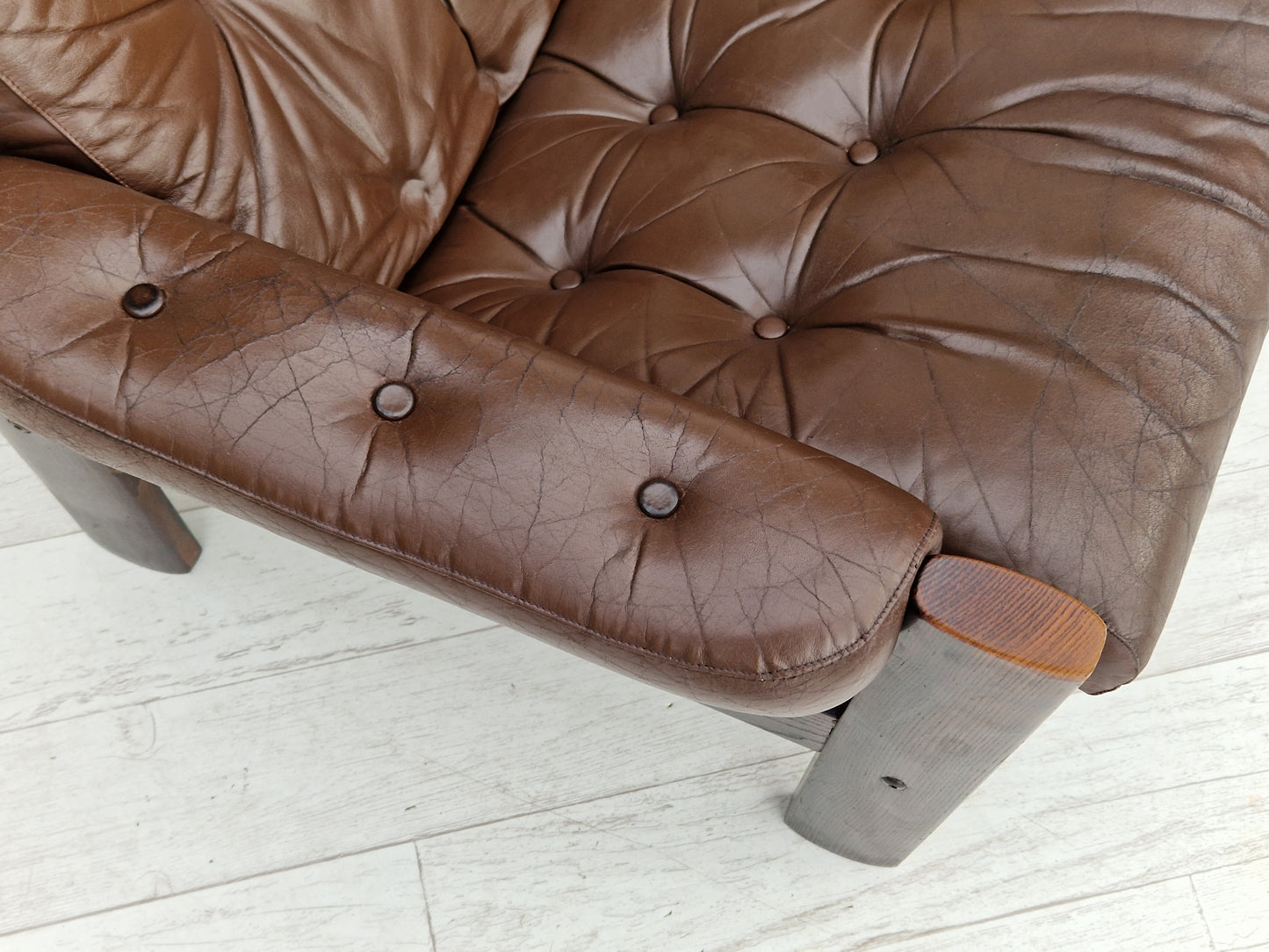 1970s, Scandinavian adjustable lounge chair, brown leather, oak wood.