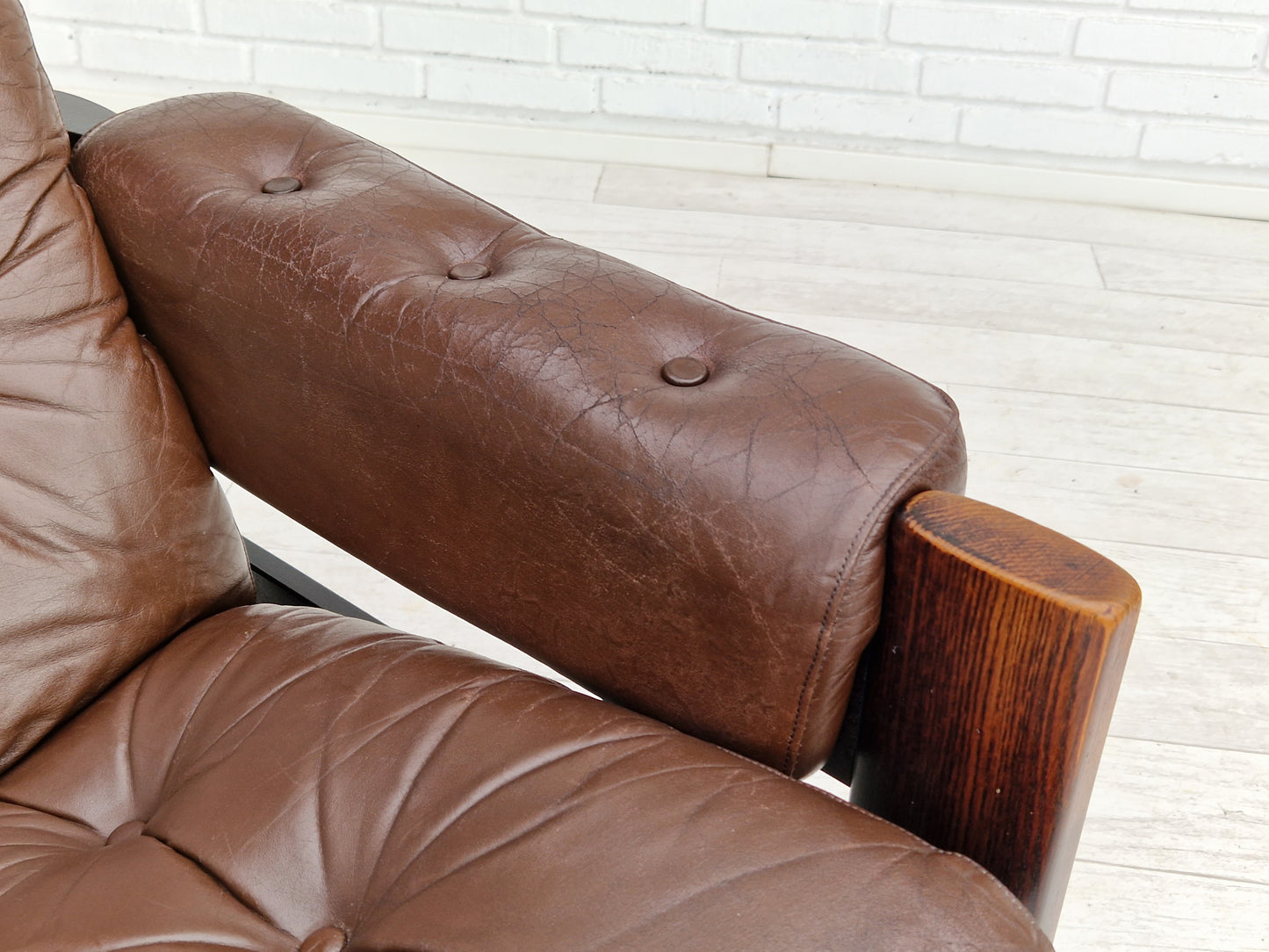 1970s, Scandinavian adjustable lounge chair, brown leather, oak wood.