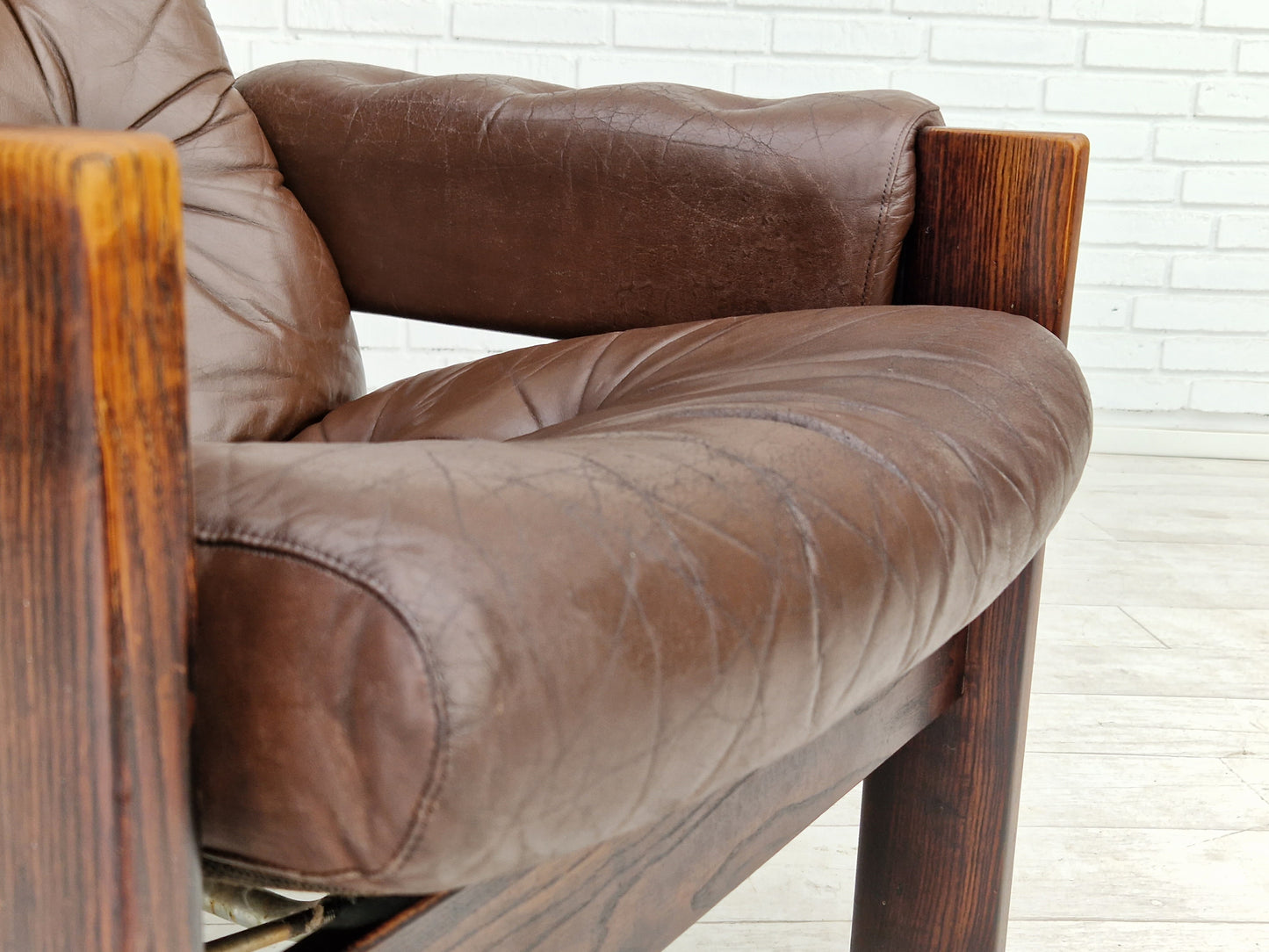 1970s, Scandinavian adjustable lounge chair, brown leather, oak wood.