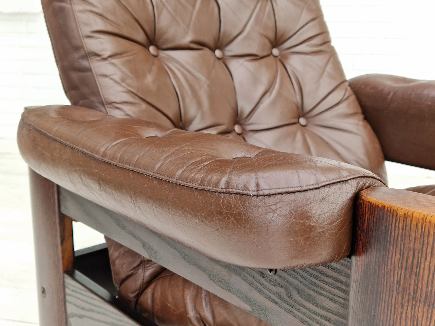 1970s, Scandinavian adjustable lounge chair, brown leather, oak wood.