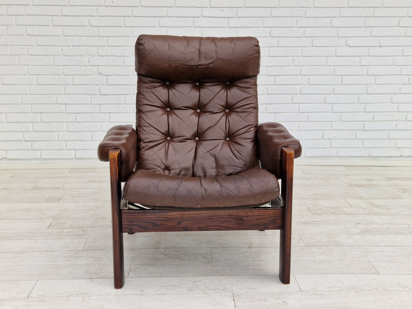 1970s, Scandinavian adjustable lounge chair, brown leather, oak wood.