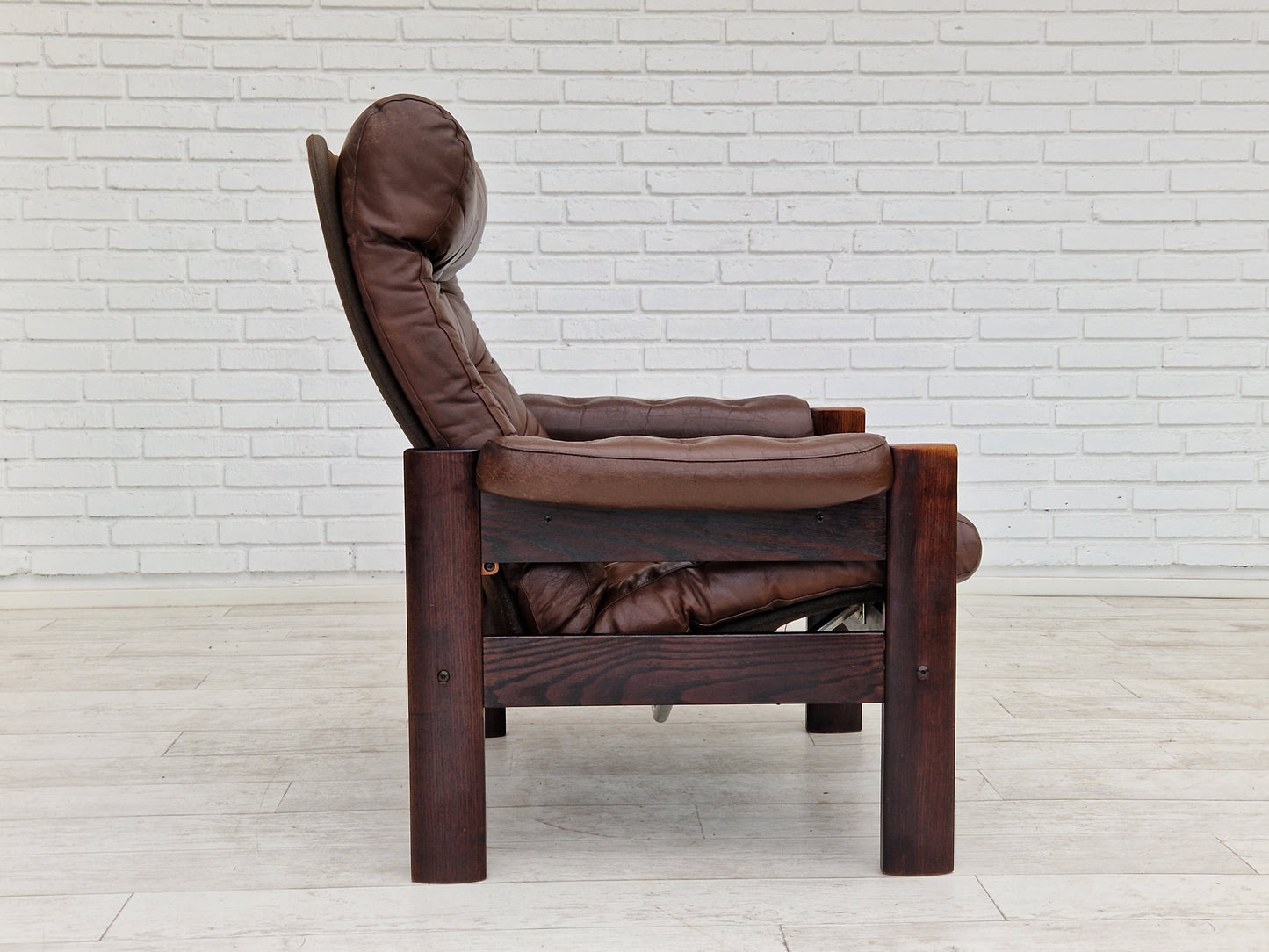 1970s, Scandinavian adjustable lounge chair, brown leather, oak wood.