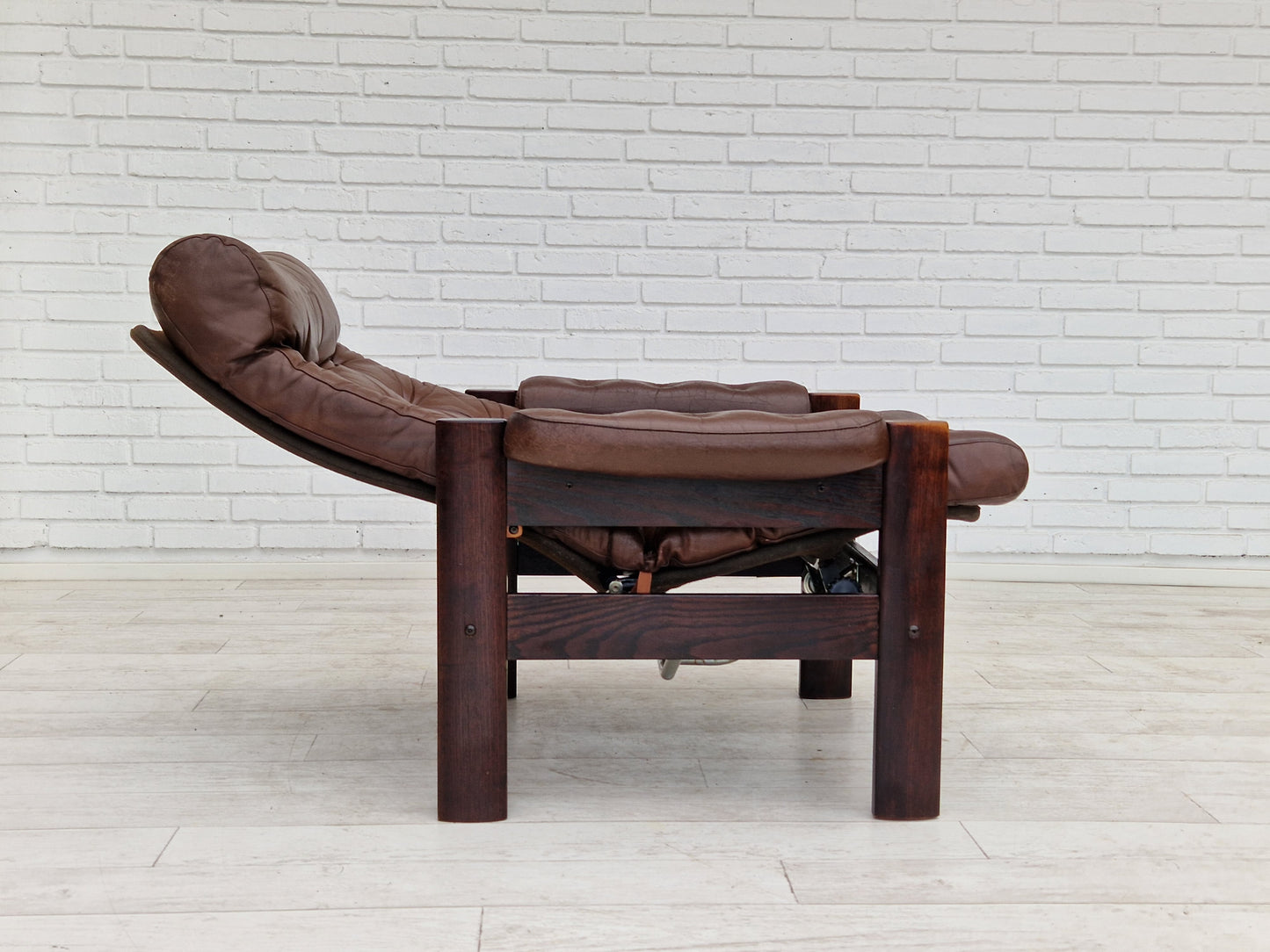 1970s, Scandinavian adjustable lounge chair, brown leather, oak wood.