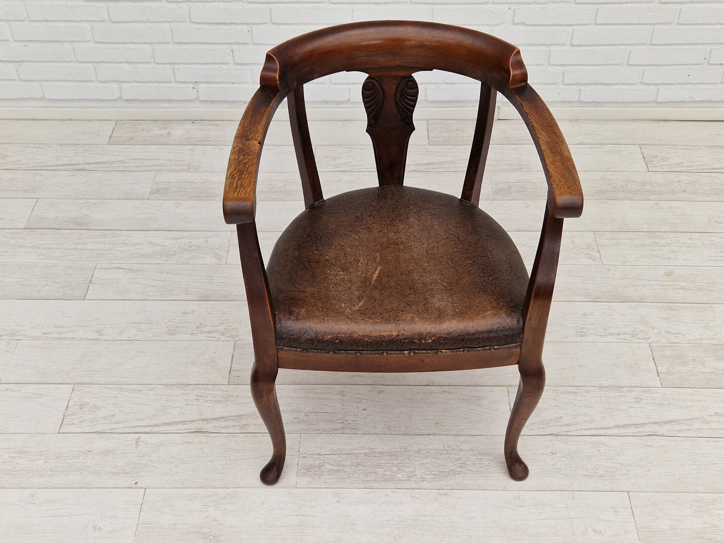 1950s, Scandinavian vintage armchair, original condition, leather, oak wood.