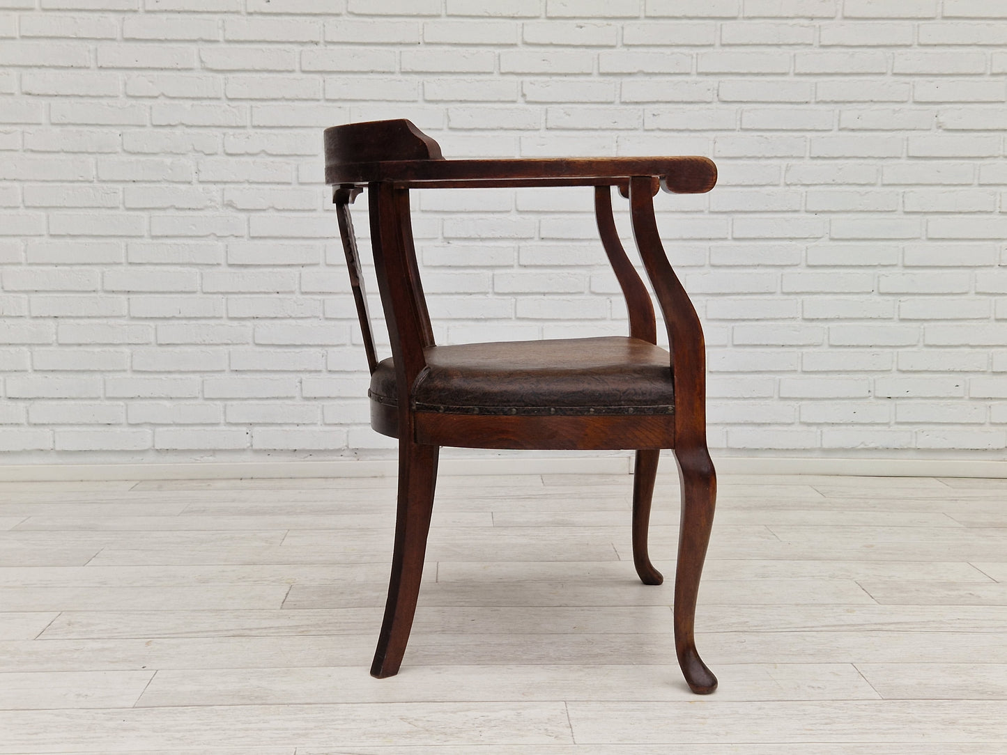 1950s, Scandinavian vintage armchair, original condition, leather, oak wood.