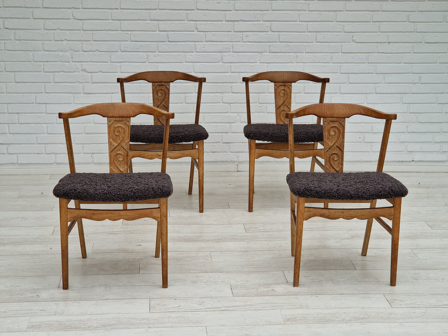 1960s, Danish design by Henning Kjærnulf, set of 4 dinning chairs, oak wood, sheepskin imitation.