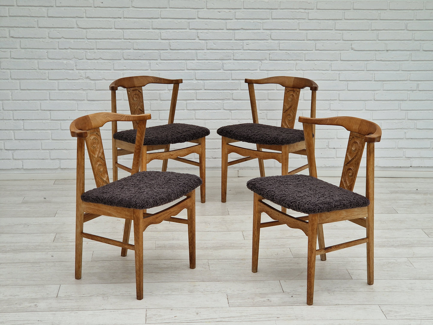 1960s, Danish design by Henning Kjærnulf, set of 4 dinning chairs, oak wood, sheepskin imitation.