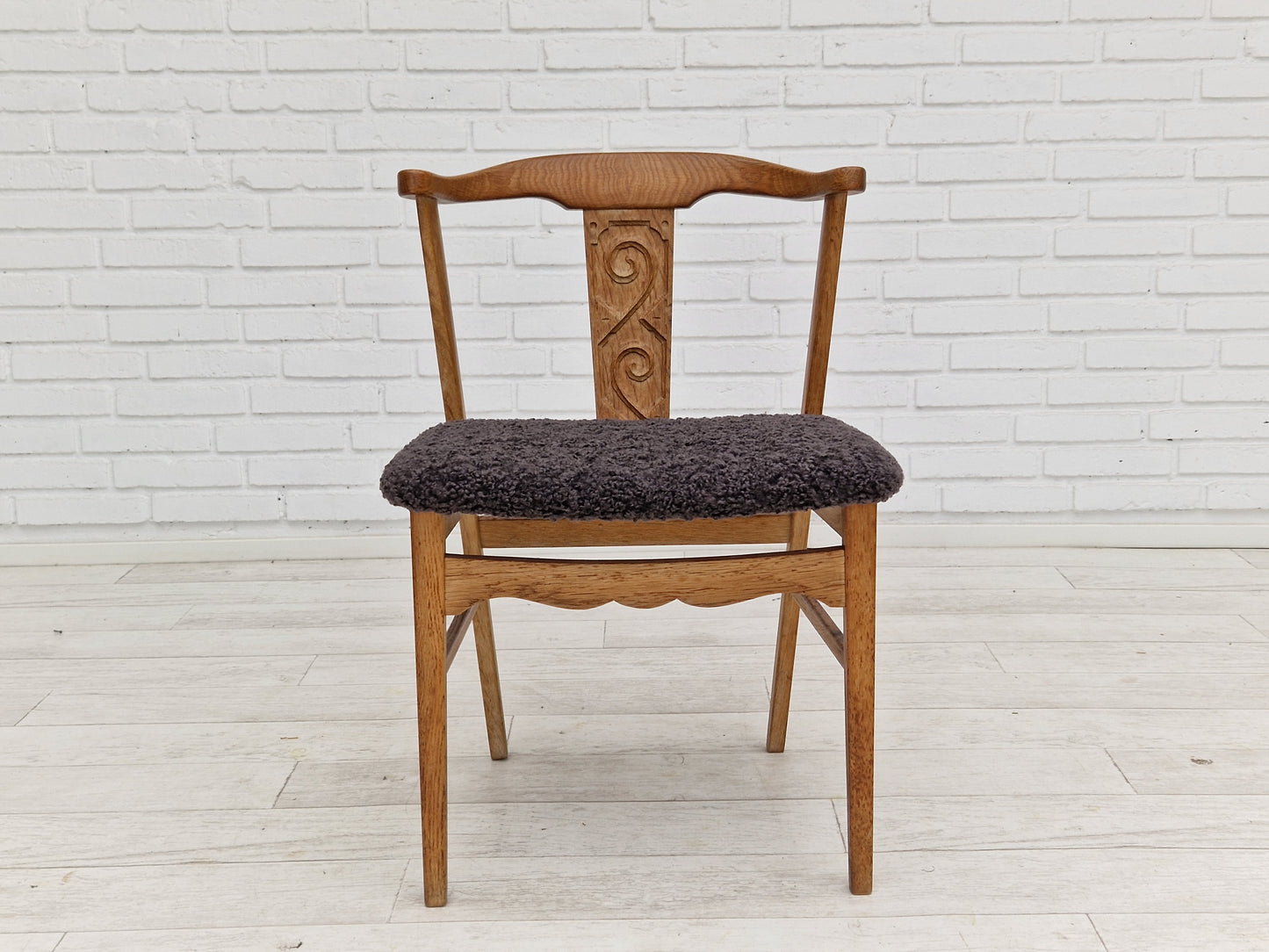 1960s, Danish design by Henning Kjærnulf, set of 4 dinning chairs, oak wood, sheepskin imitation.