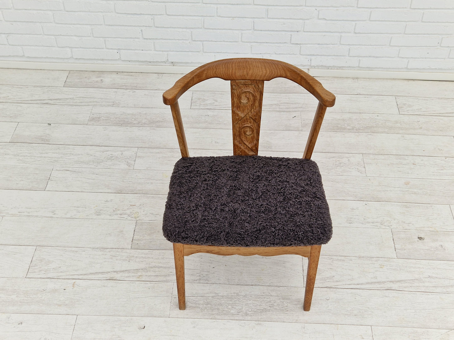 1960s, Danish design by Henning Kjærnulf, set of 4 dinning chairs, oak wood, sheepskin imitation.