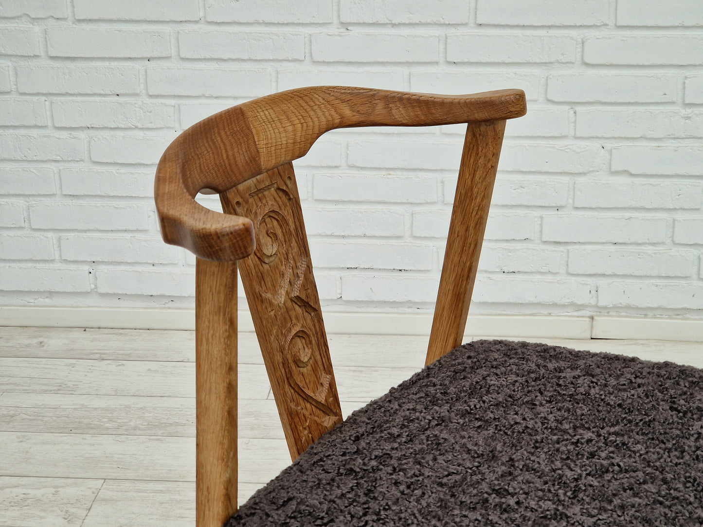 1960s, Danish design by Henning Kjærnulf, set of 4 dinning chairs, oak wood, sheepskin imitation.