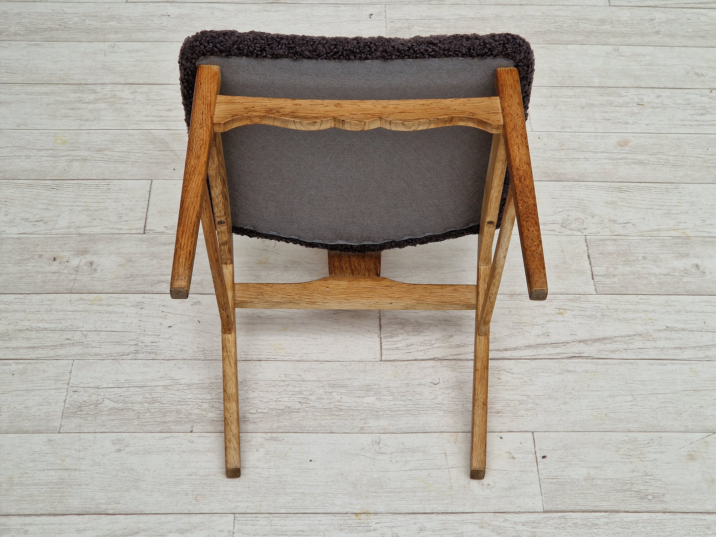 1960s, Danish design by Henning Kjærnulf, set of 4 dinning chairs, oak wood, sheepskin imitation.