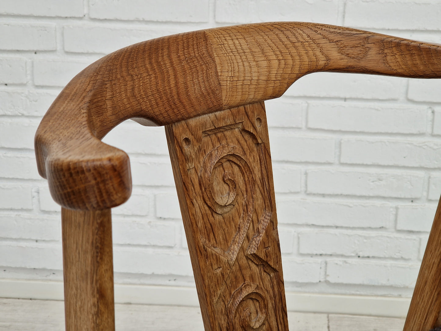 1960s, Danish design by Henning Kjærnulf, set of 4 dinning chairs, oak wood, sheepskin imitation.