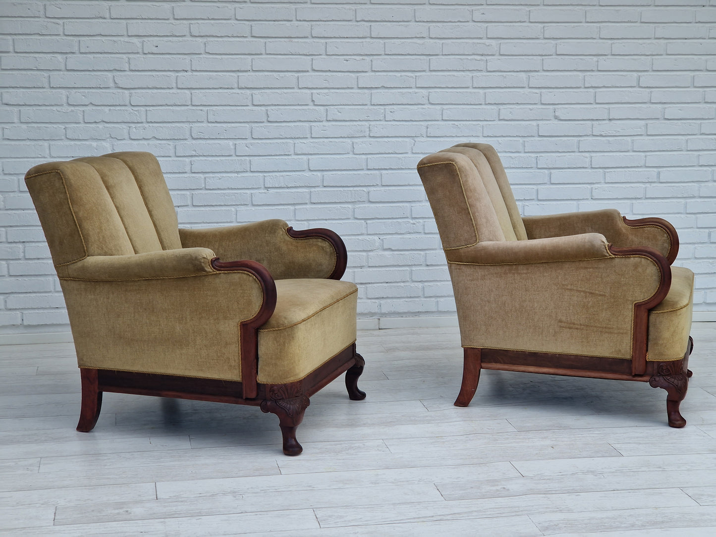 1950s, Danish design, set of armchairs, teak wood, velour, original condition.