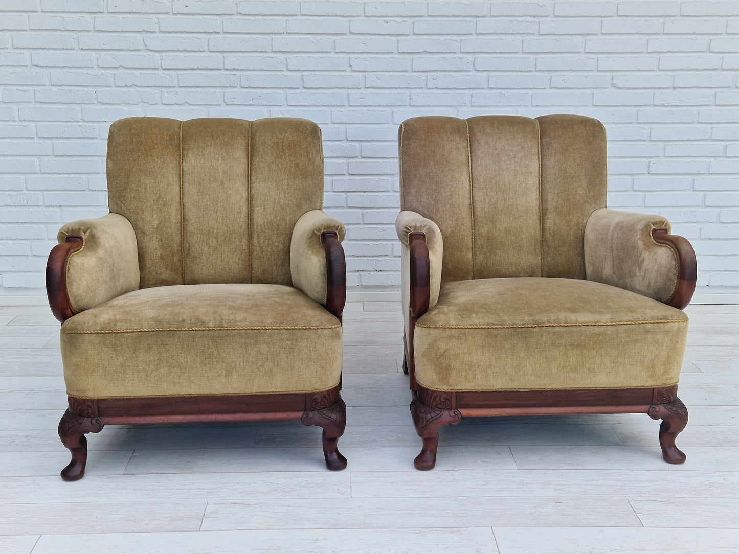 1950s, Danish design, set of armchairs, teak wood, velour, original condition.