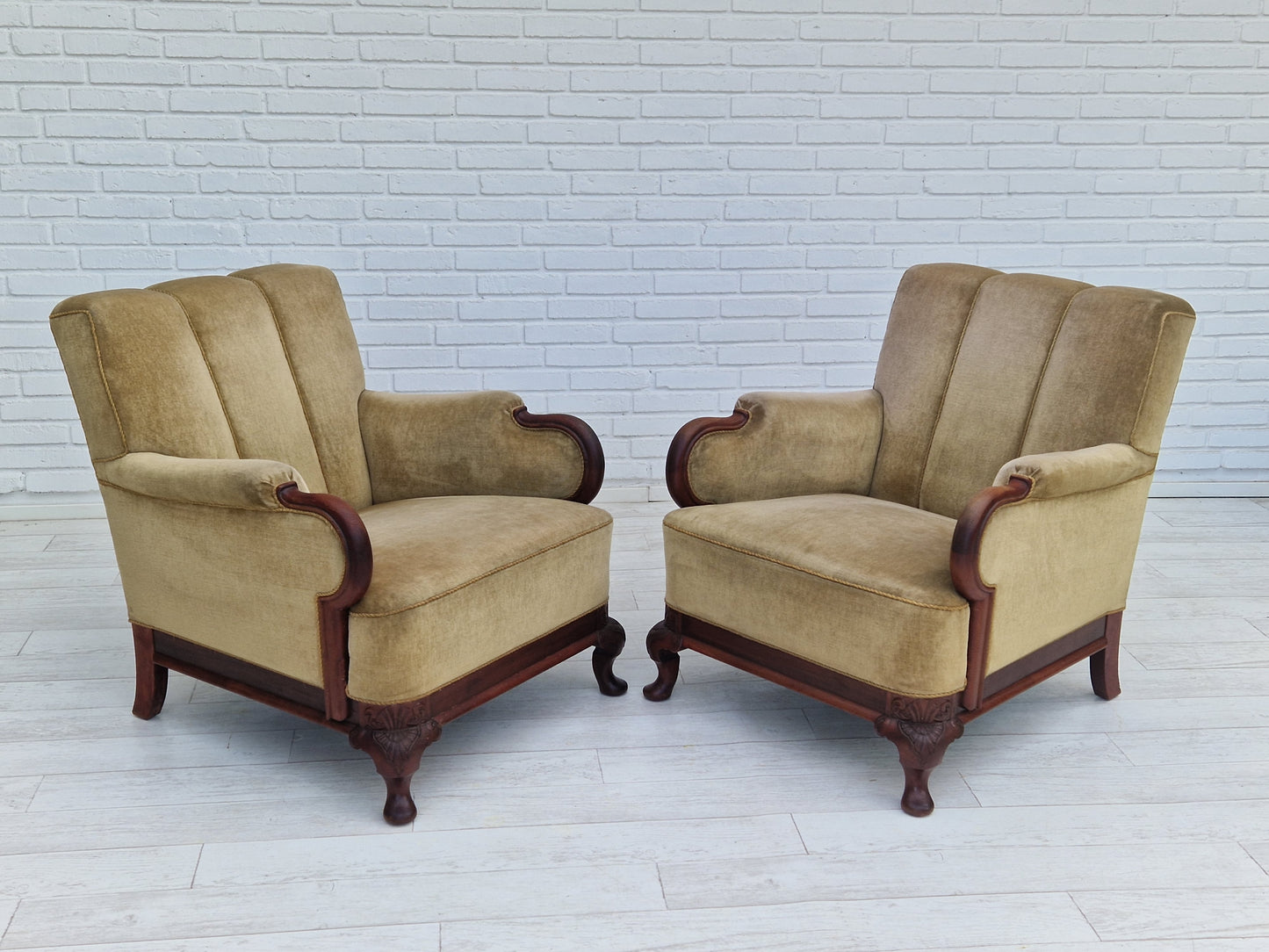 1950s, Danish design, set of armchairs, teak wood, velour, original condition.