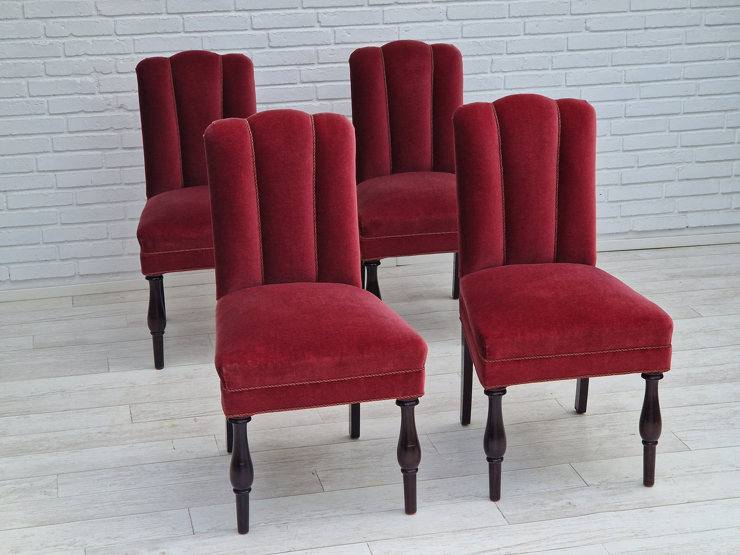 1950s, Danish design, set of 4 dinning chairs, oak wood, cherry-red velour.