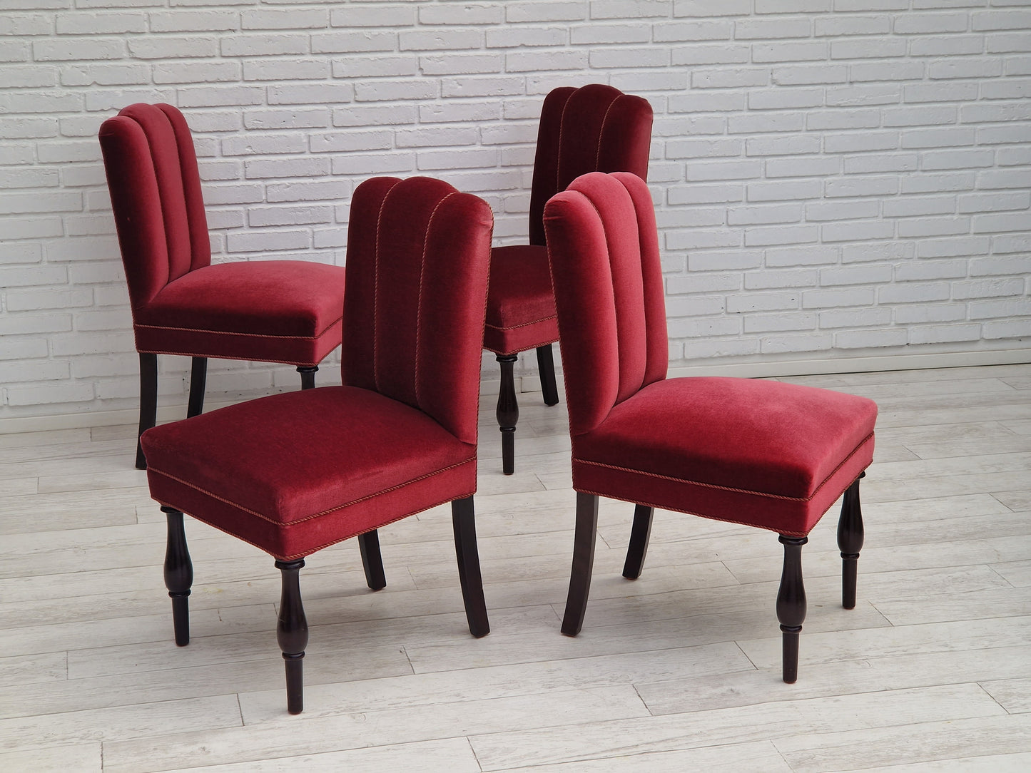 1950s, Danish design, set of 4 dinning chairs, oak wood, cherry-red velour.