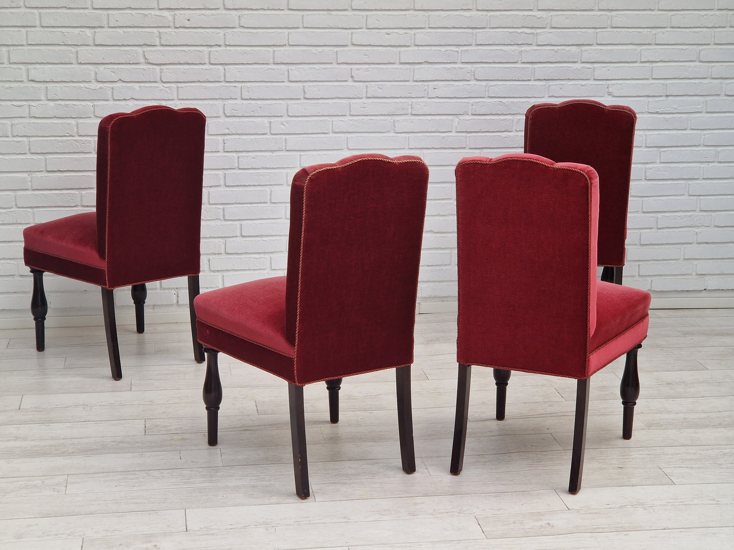 1950s, Danish design, set of 4 dinning chairs, oak wood, cherry-red velour.