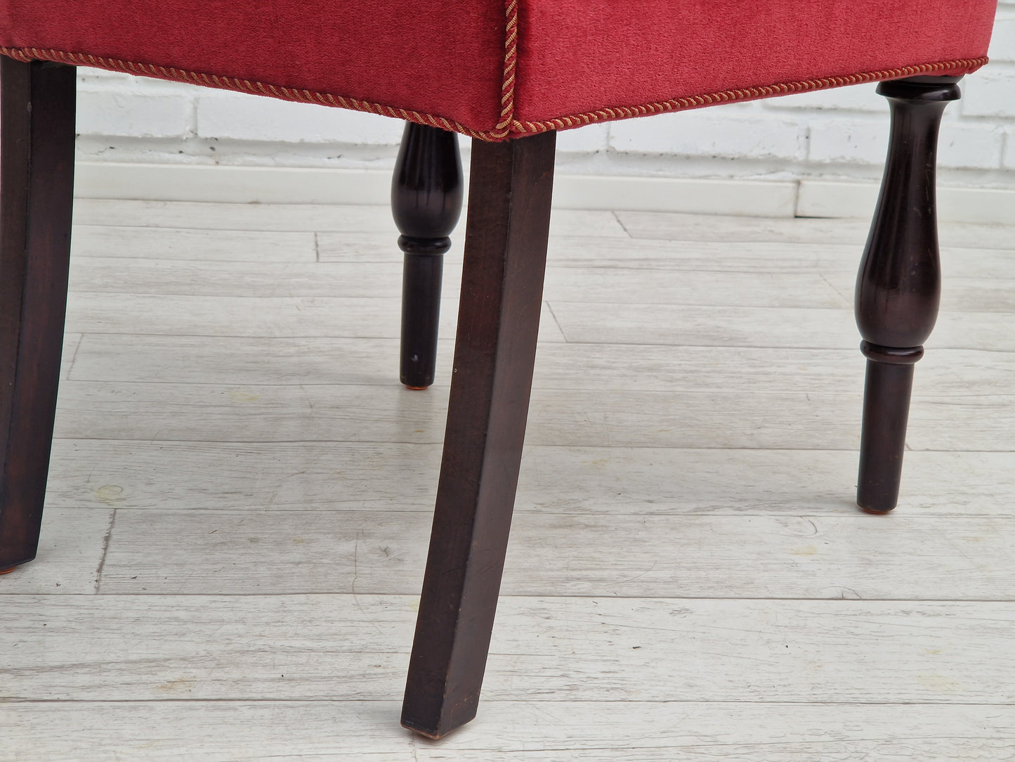 1950s, Danish design, set of 4 dinning chairs, oak wood, cherry-red velour.