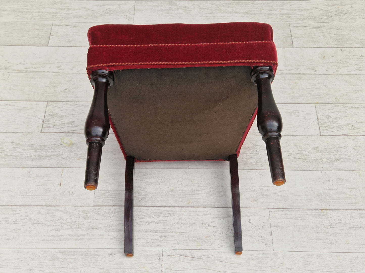 1950s, Danish design, set of 4 dinning chairs, oak wood, cherry-red velour.