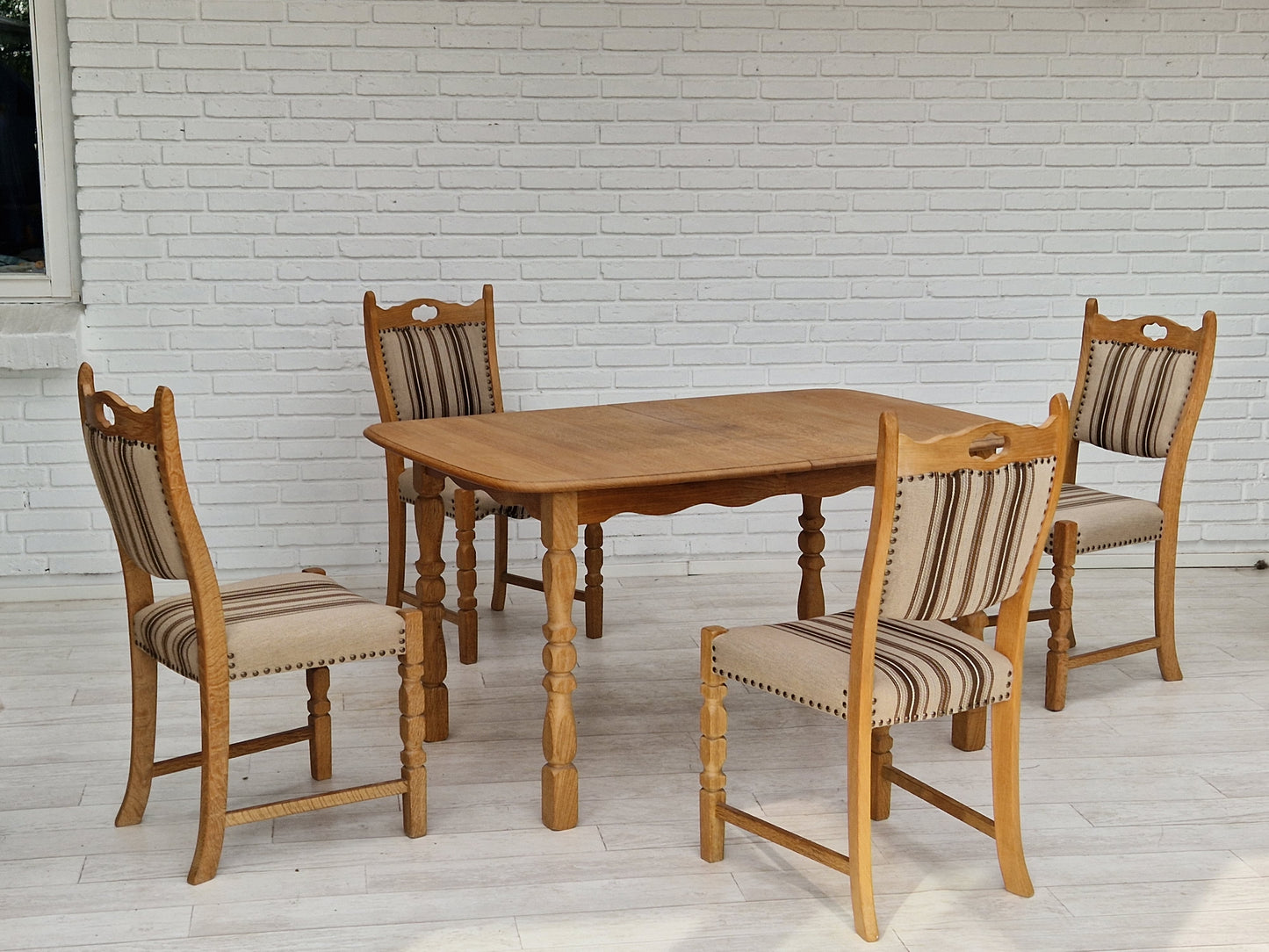 1970s, Danish design, dinning set of table and four chairs, oak wood, wool.