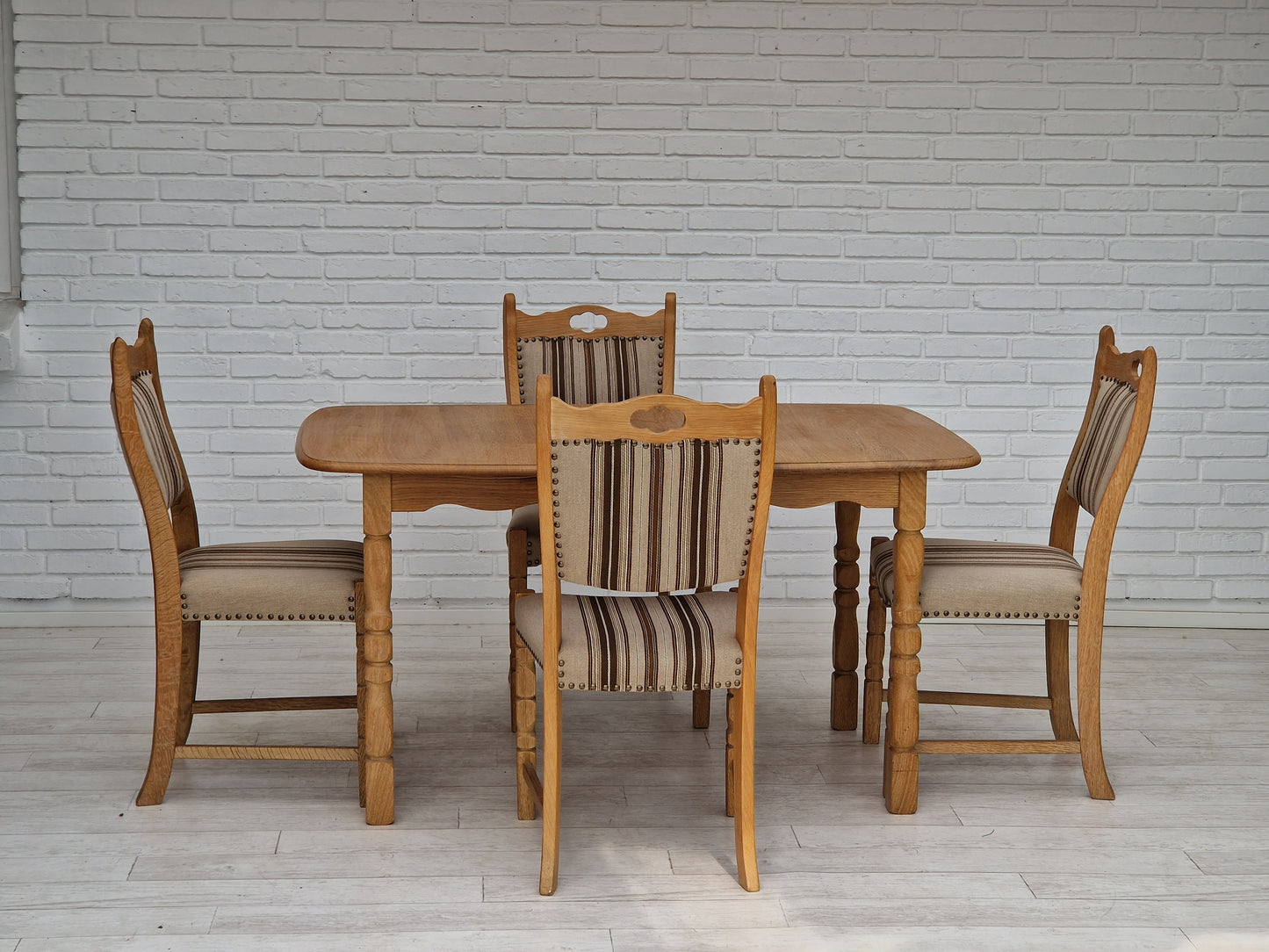 1970s, Danish design, dinning set of table and four chairs, oak wood, wool.