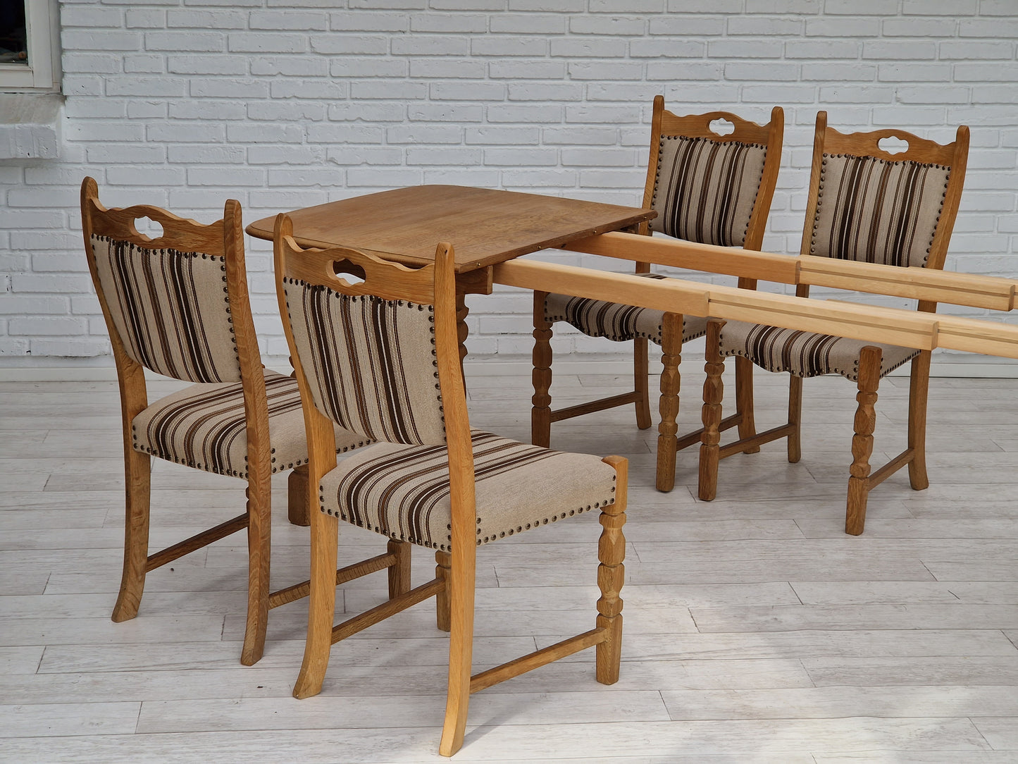 1970s, Danish design, dinning set of table and four chairs, oak wood, wool.