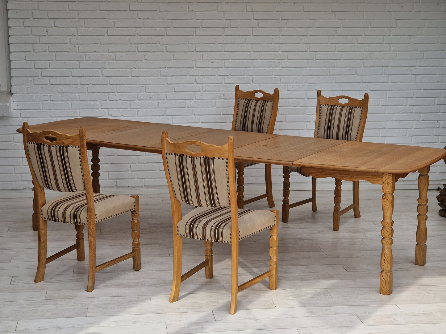 1970s, Danish design, dinning set of table and four chairs, oak wood, wool.