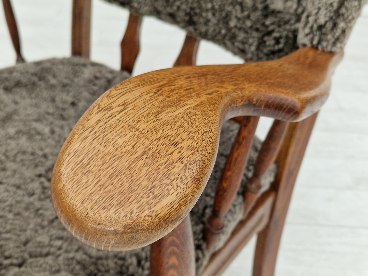 1960s, Danish design, renovated-reupholstered high-back ear flap chair, sheepskin, oak wood