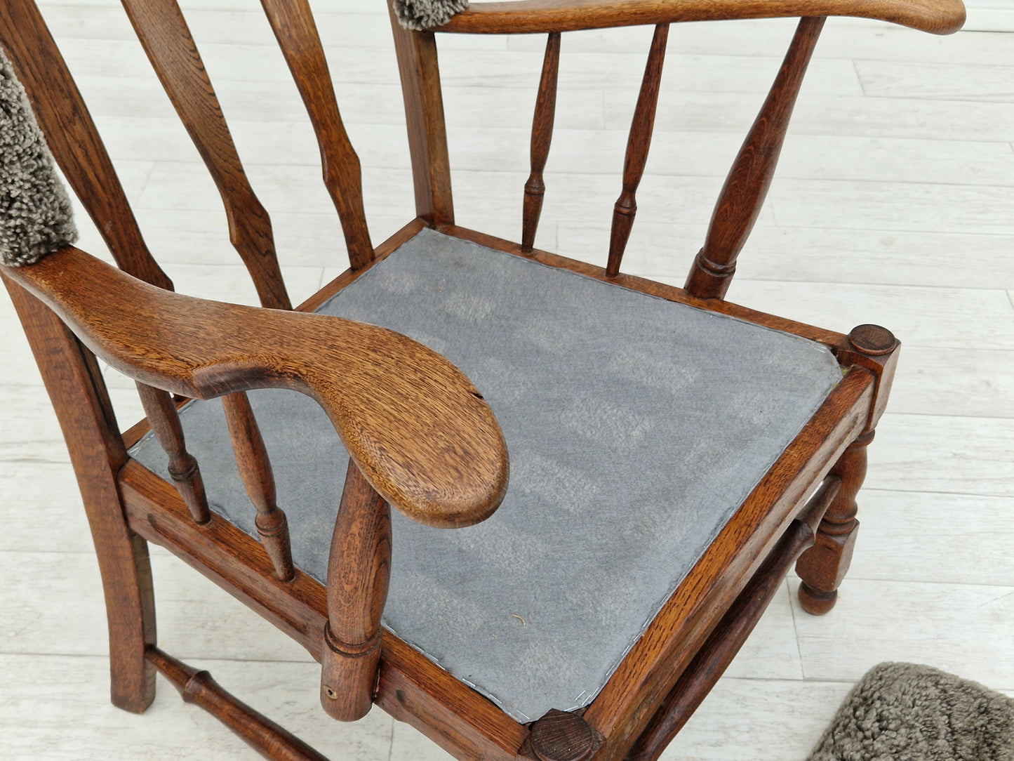 1960s, Danish design, renovated-reupholstered high-back ear flap chair, sheepskin, oak wood