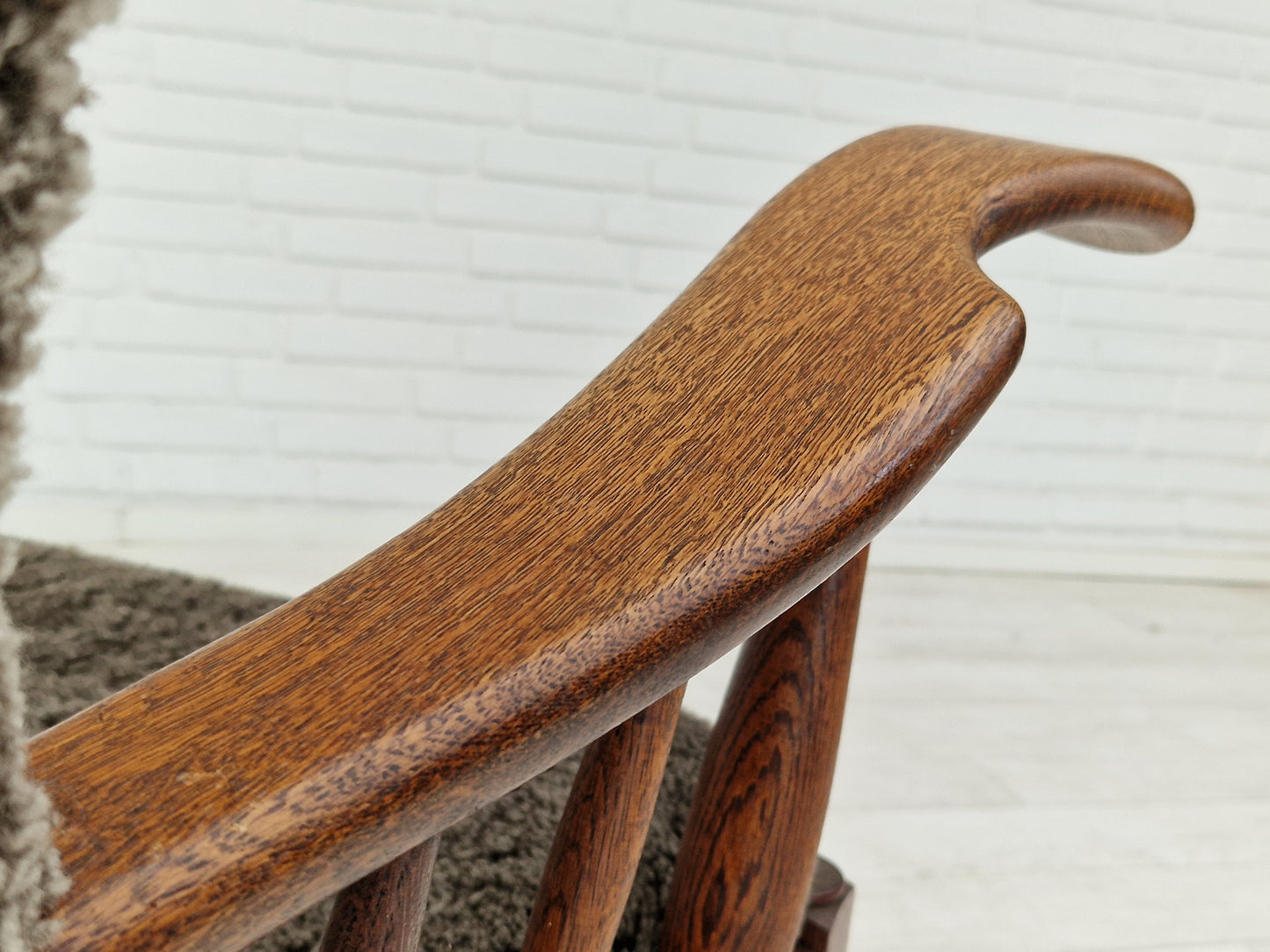 1960s, Danish design, renovated-reupholstered high-back ear flap chair, sheepskin, oak wood