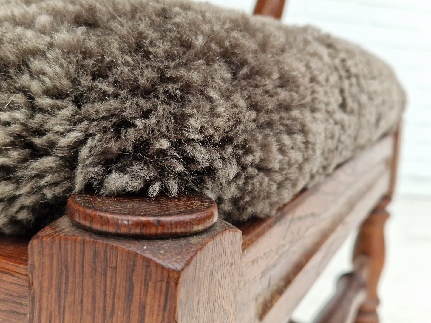 1960s, Danish design, renovated-reupholstered high-back ear flap chair, sheepskin, oak wood