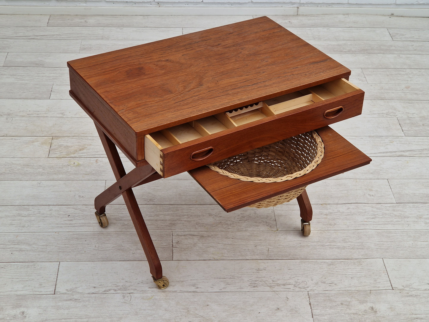 1960s, vintage Danish sewing table, teak wood, rattan.