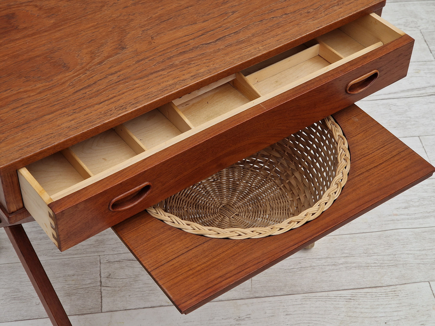 1960s, vintage Danish sewing table, teak wood, rattan.