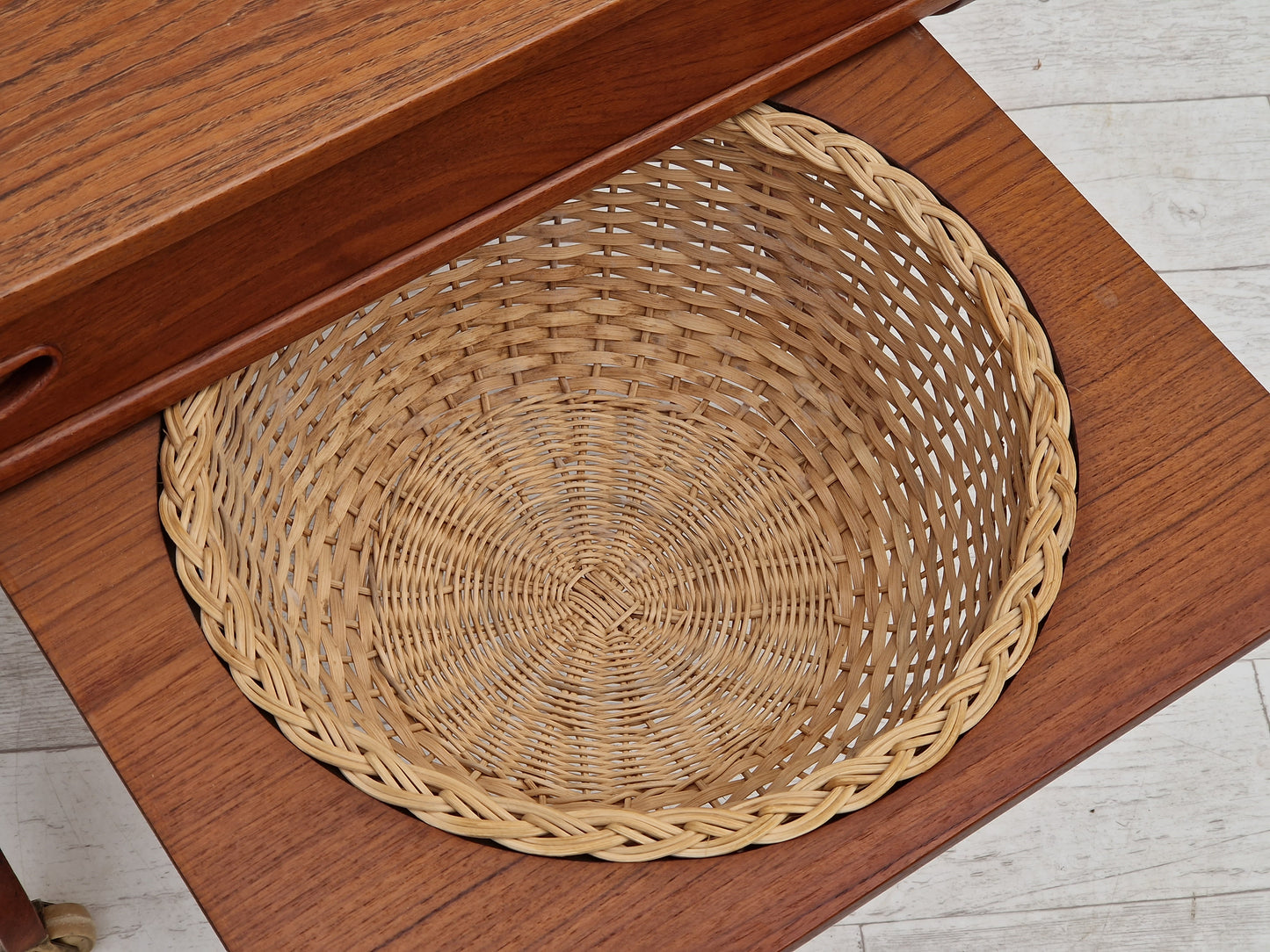 1960s, vintage Danish sewing table, teak wood, rattan.