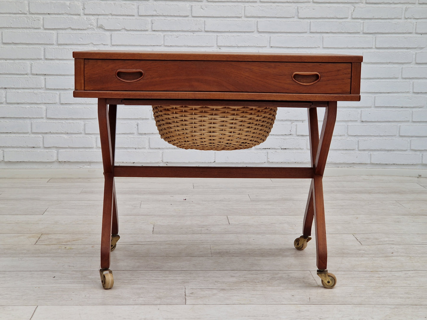 1960s, vintage Danish sewing table, teak wood, rattan.